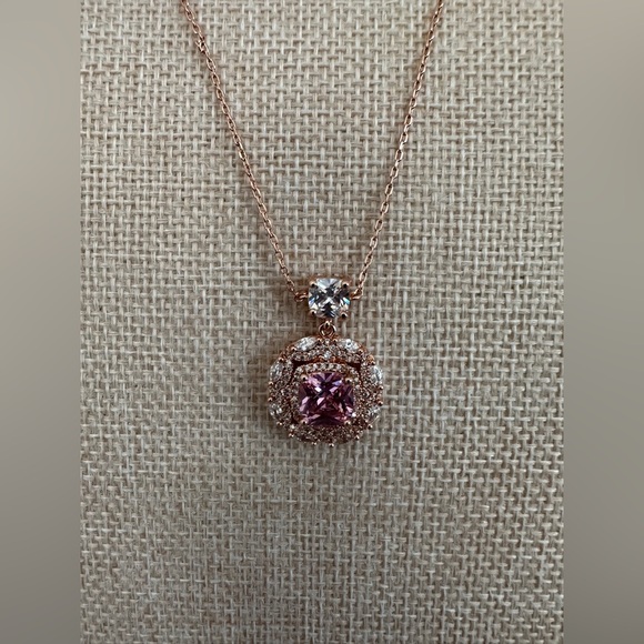 Rose gold, created pink sapphire with CZ accents fashion necklace 17” - Picture 3 of 11